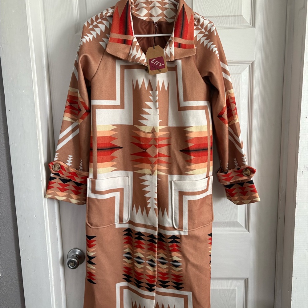 Lily Women's Trench Coat - Brown and Red Southwestern Pattern